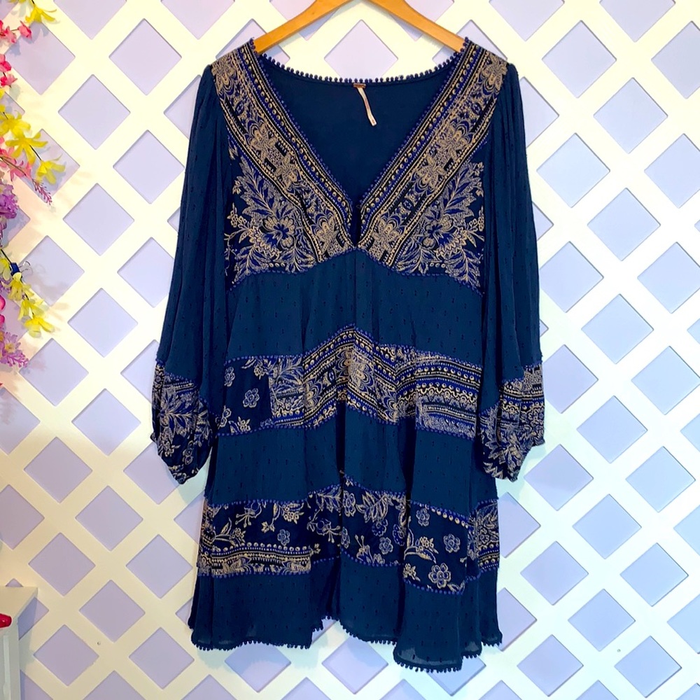 Free People Plunge Boho Tiered Long Sleeve Dress M